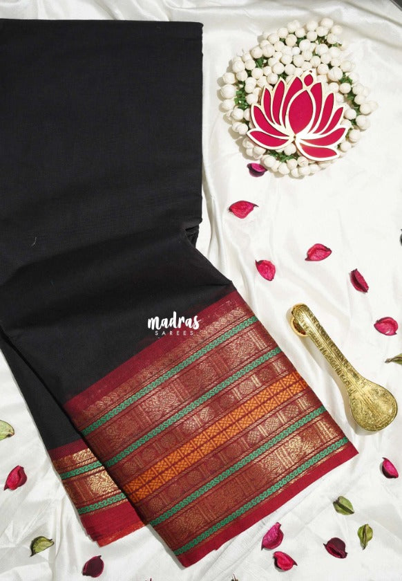 Ebony Black - Karthigai Silk Cotton Rudhraksham Multi border - Best for Wedding Functions | Temple Visit