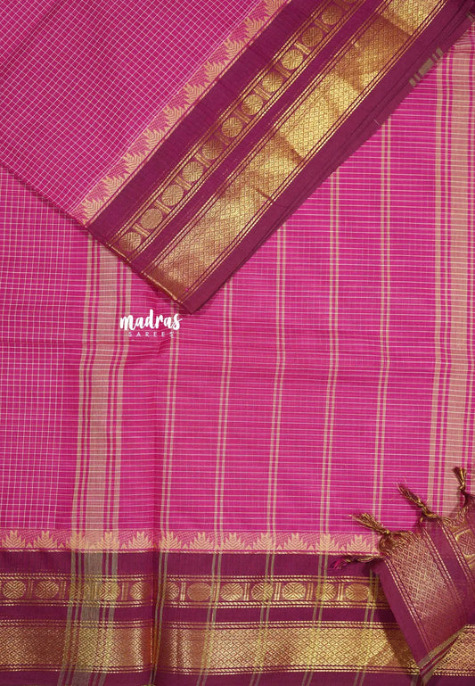 Rani pink - Karthigai silk cotton rudraksham getti border with muthu kattam checks