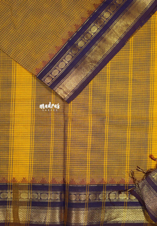 Mustard brown - Karthigai silk cotton rudraksham getti border with muthu kattam checks