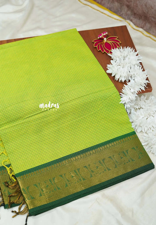 Neon green - Karthigai silk cotton rudraksham getti border with muthu kattam checks