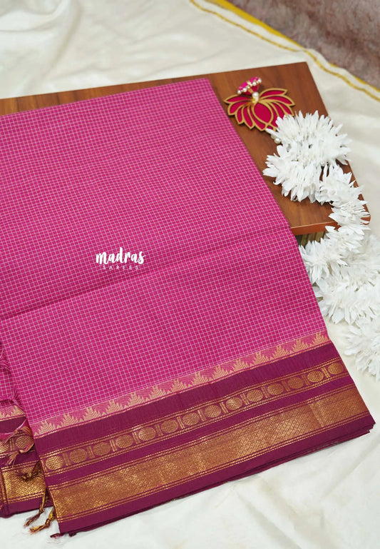 Rani pink - Karthigai silk cotton rudraksham getti border with muthu kattam checks