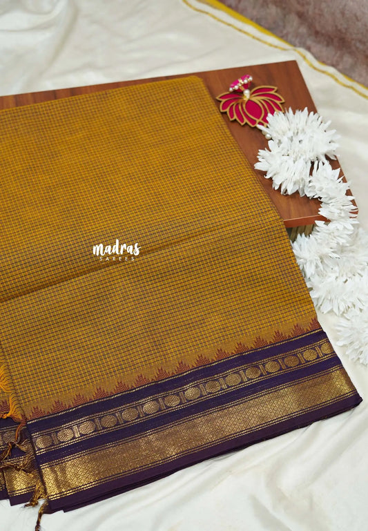 Mustard brown - Karthigai silk cotton rudraksham getti border with muthu kattam checks