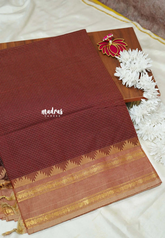 Maroon - Karthigai silk cotton rettapeta border with muthu kattam checks