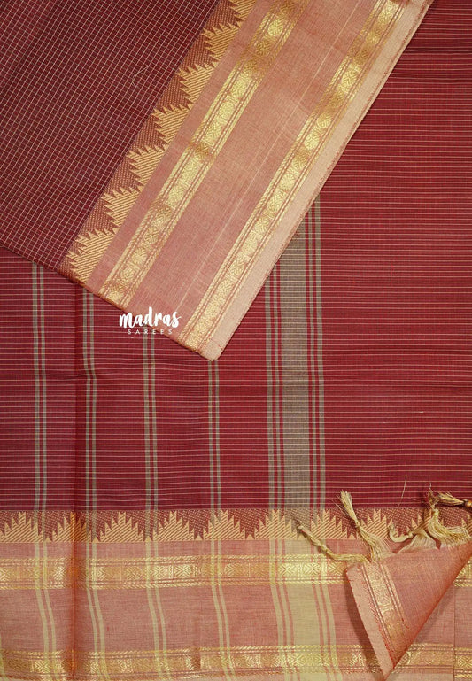 Maroon - Karthigai silk cotton rettapeta border with muthu kattam checks