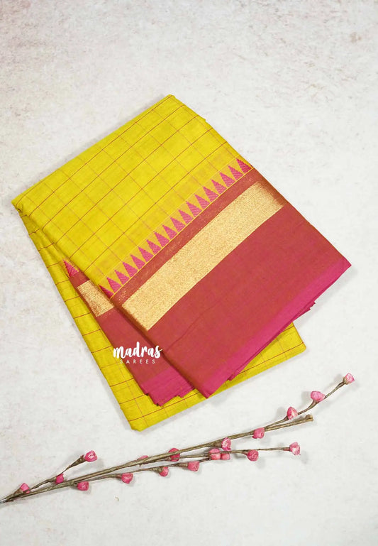 Greenish Yellow - Karthigai silk cotton big muthu kattam checks