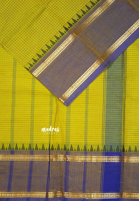 Greenish Yellow -  Karthigai silk cotton rettapeta border with muthu kattam