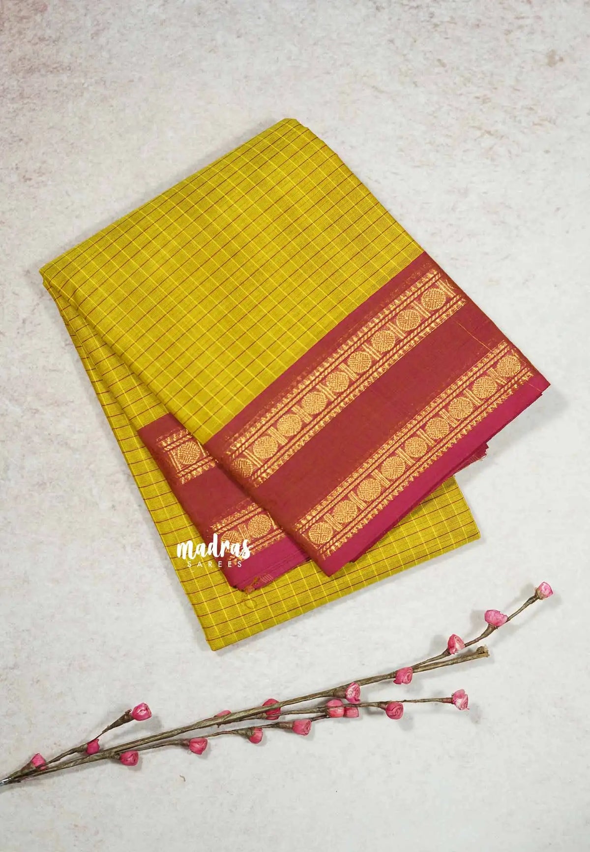 Yellow -  Karthigai silk cotton rettapeta border with muthu kattam