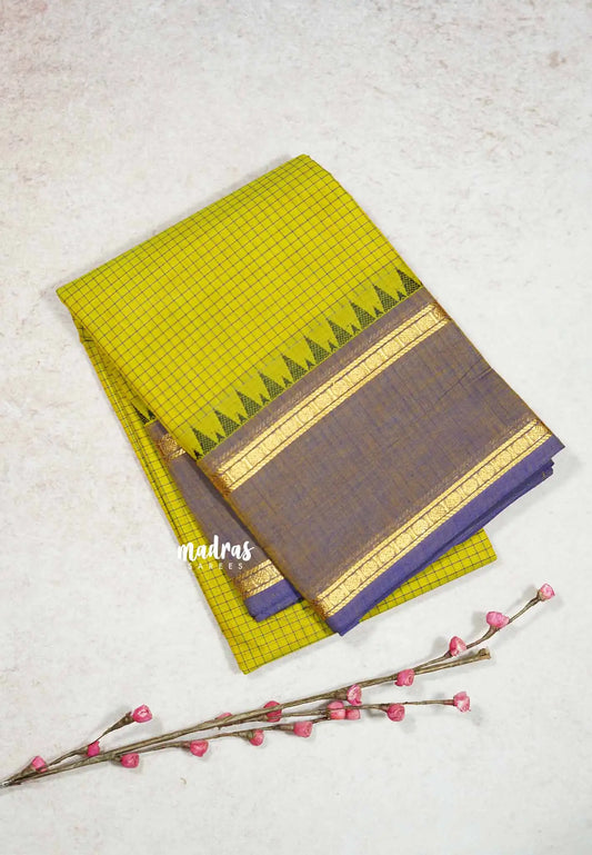 Greenish Yellow -  Karthigai silk cotton rettapeta border with muthu kattam