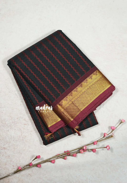 Midnight Black - Premium Karthigai silk cotton neli stripes body with rich pallu
