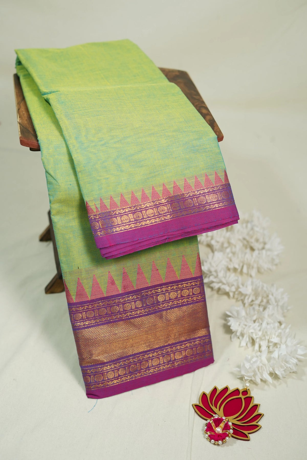 Dual Shade Pista Green - Karthigai silk cotton rudraksha getti zari with temple weaving border - Best for Wedding Functions