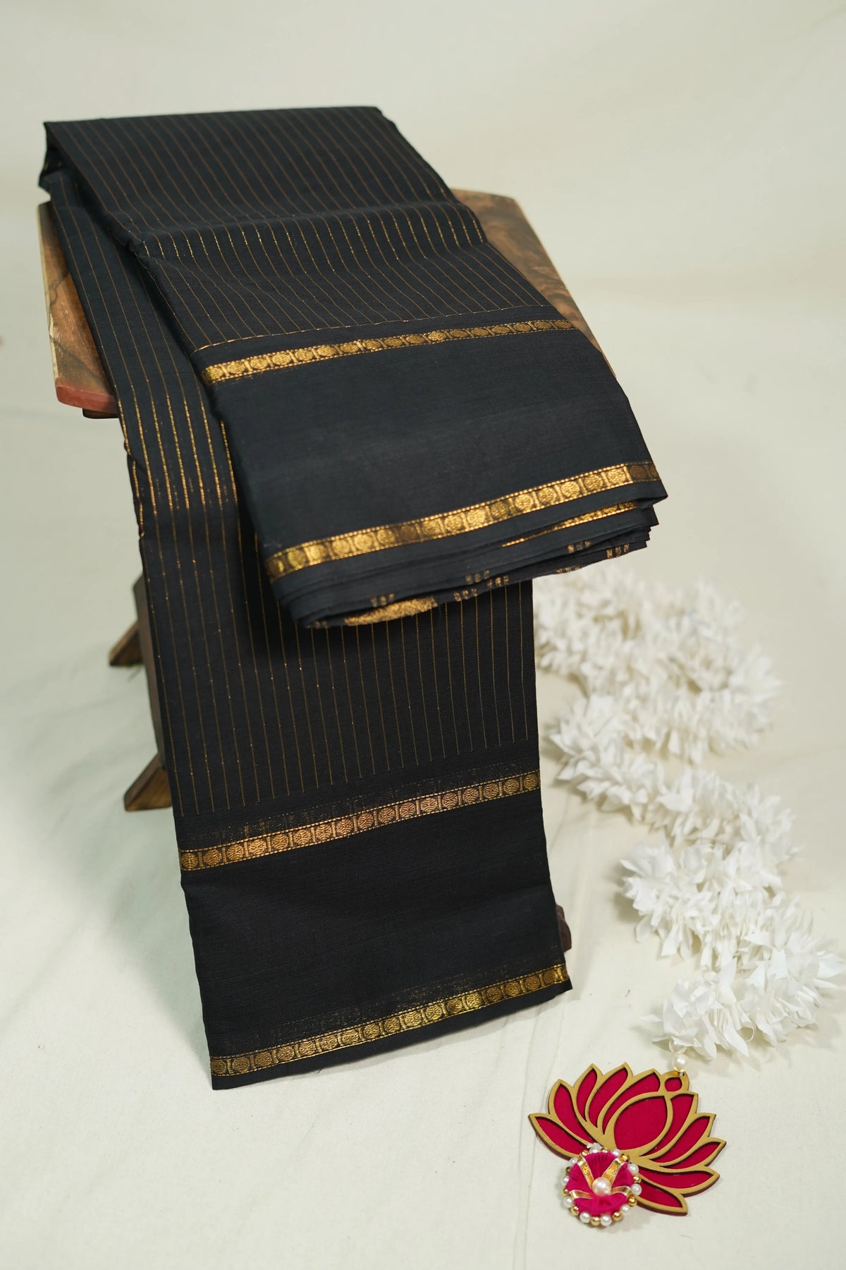 Jet Black - Karthigai silk cotton rettapet border stripes body - Best for Small Funtions