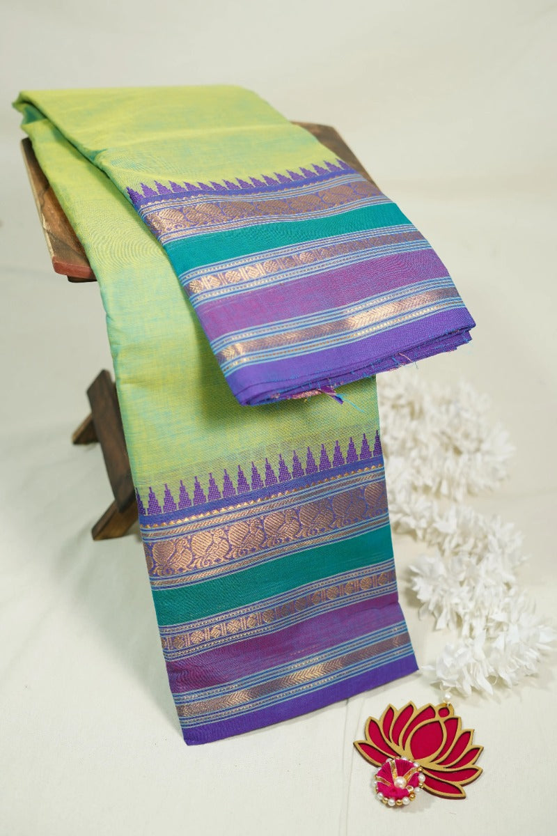 Soft Mint Green - Karthigai Mercerised Cotton Rudraksham, Peacock and Multi Color Border - Best for Festival Wear