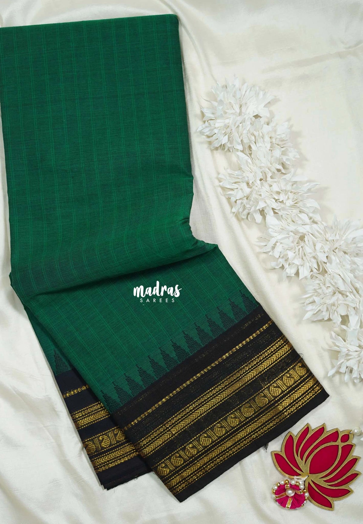 Dark Green - Karthigai Silk Cotton Stripes Classic Temple Weave and Mango Border - Best for Wedding Functions