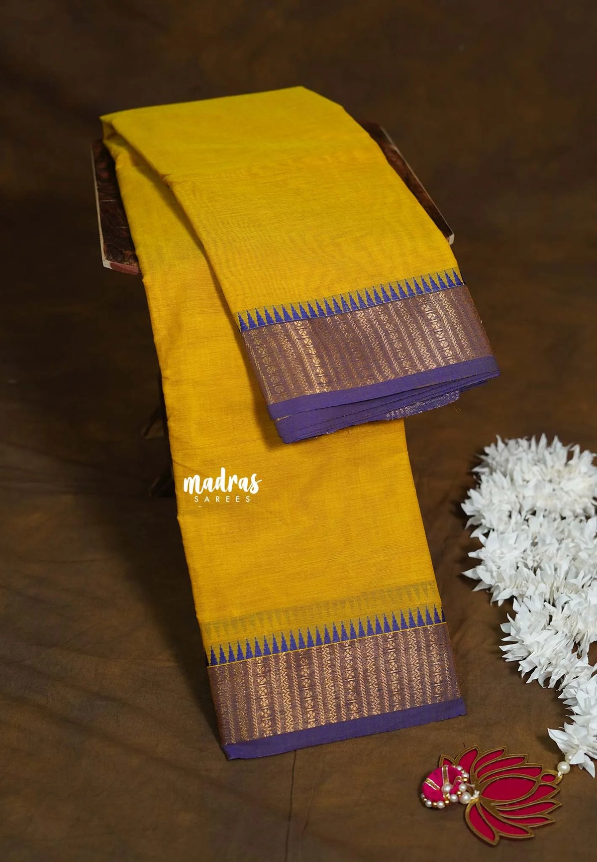 Marigold Yellow - Karthigai silk cotton Plain Body with Stripes in border - Best for Small Functions