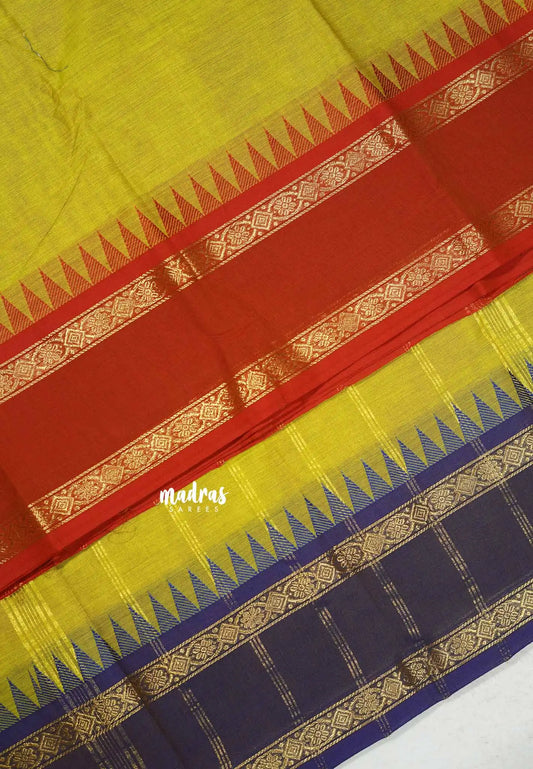 Greenish Yellow - Karthigai silk cotton plain body rettapet Ganga jamuna border