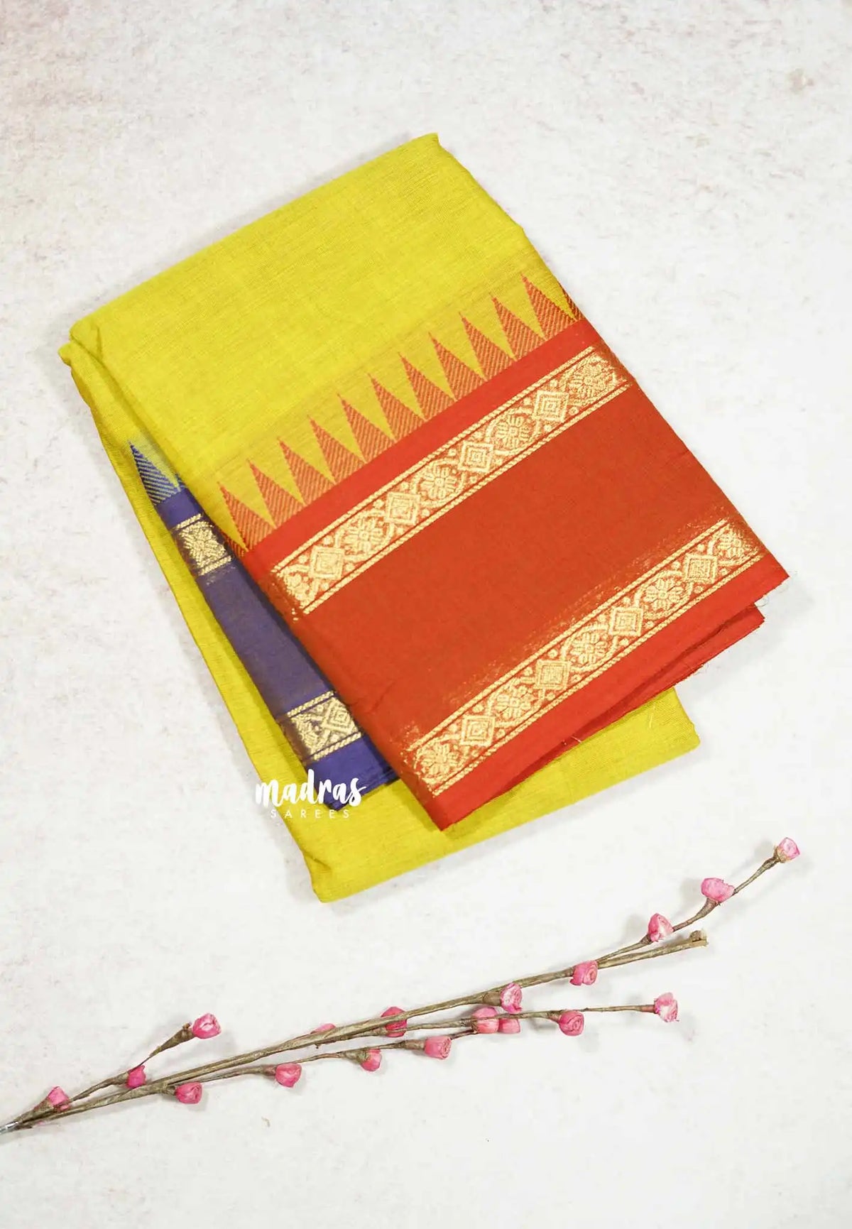 Greenish Yellow - Karthigai silk cotton plain body rettapet Ganga jamuna border