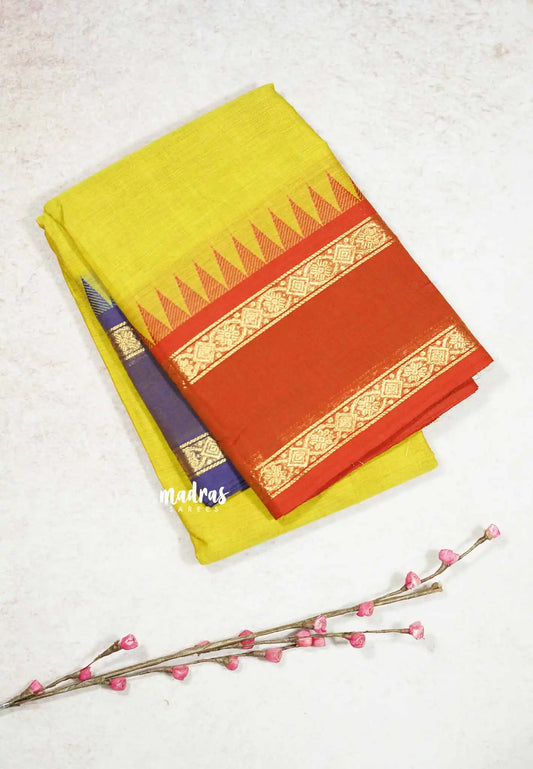 Greenish Yellow - Karthigai silk cotton plain body rettapet Ganga jamuna border