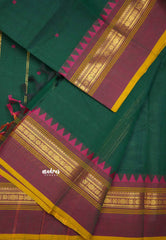 Karthigai silk cotton multi border with temple weaving - Bottle green