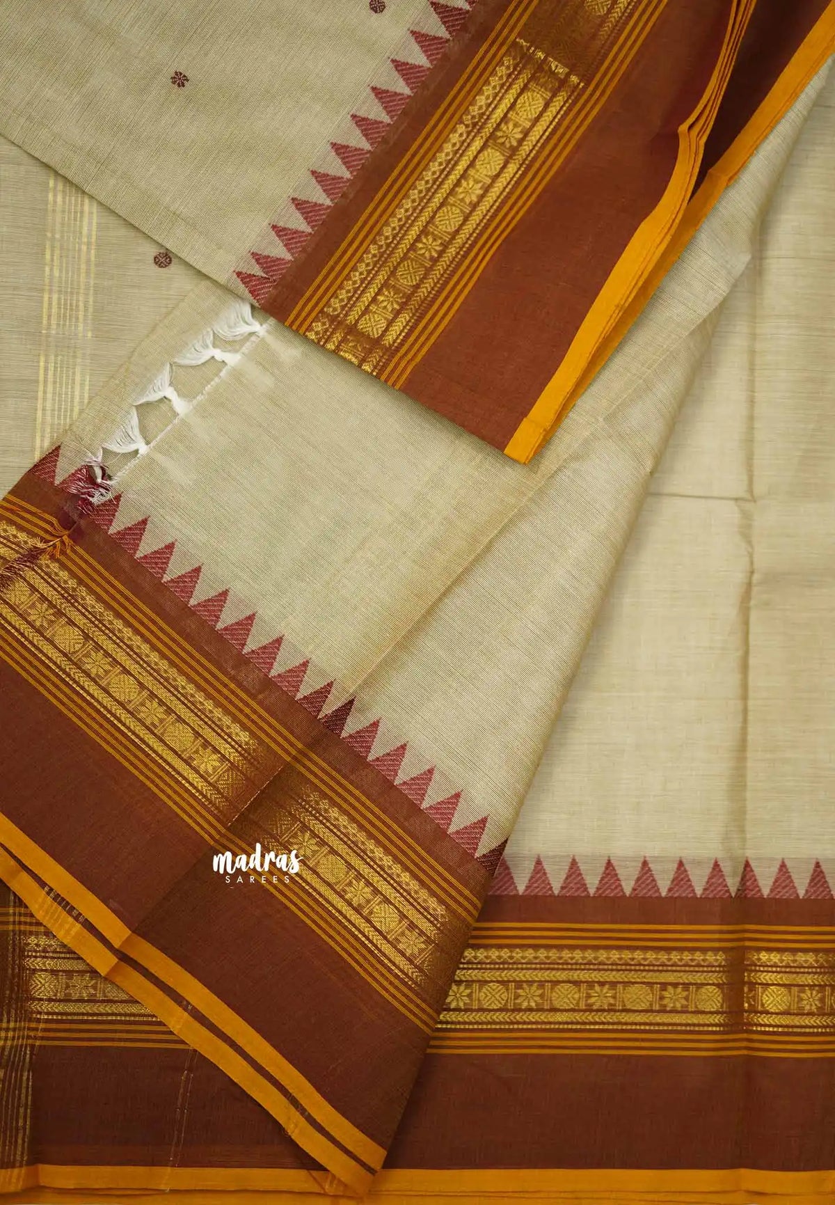 Karthigai silk cotton multi border with temple weaving  - Halfwhite