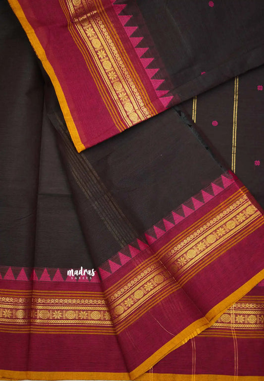 Karthigai silk cotton multi border with temple weaving  - Coffee brown