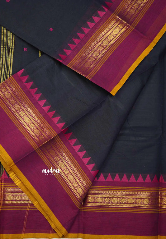 Karthigai silk cotton multi border with temple weaving  - Deep navy