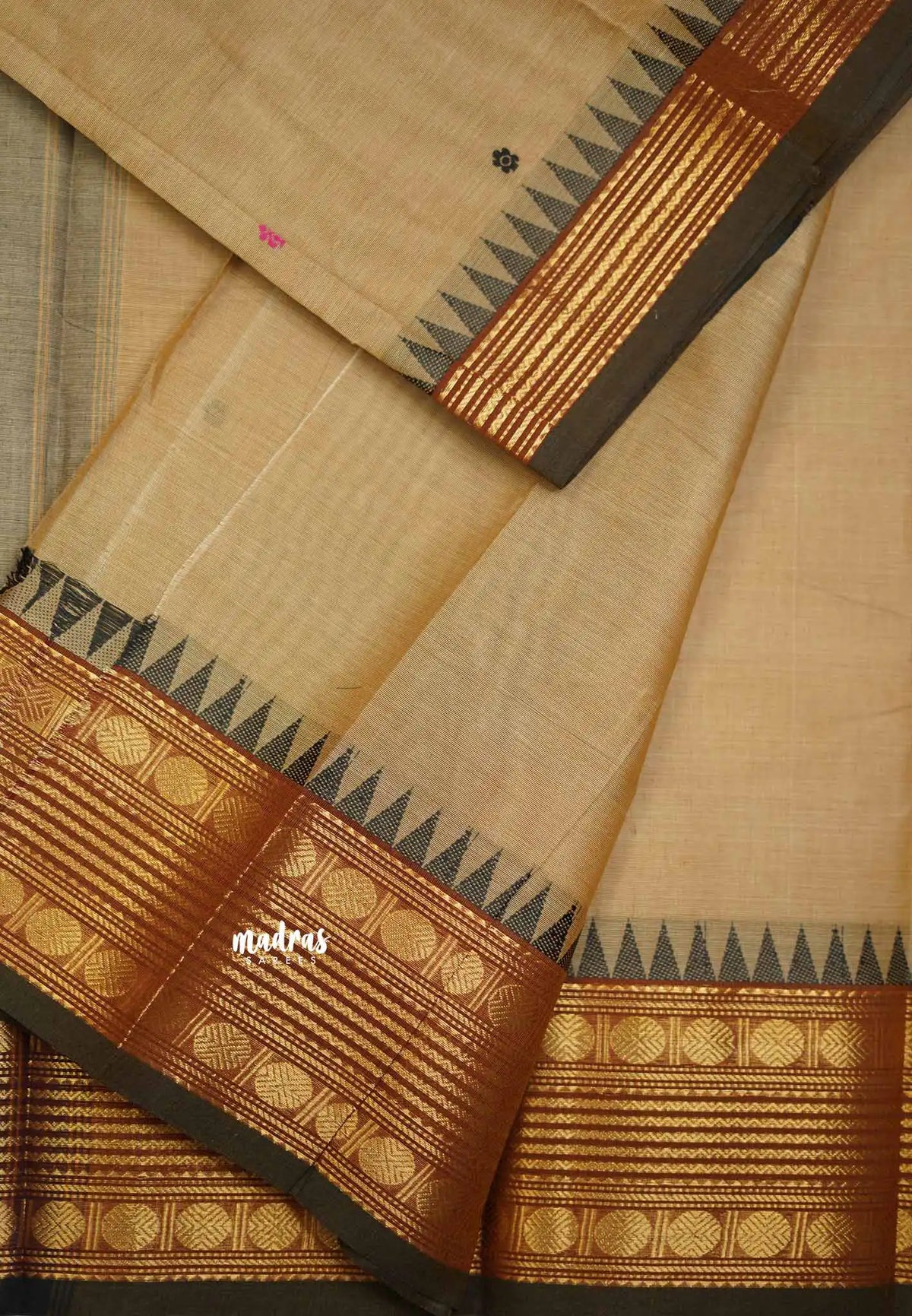 Karthigai silk cotton Rudhraksham Multi border - Wheat brown