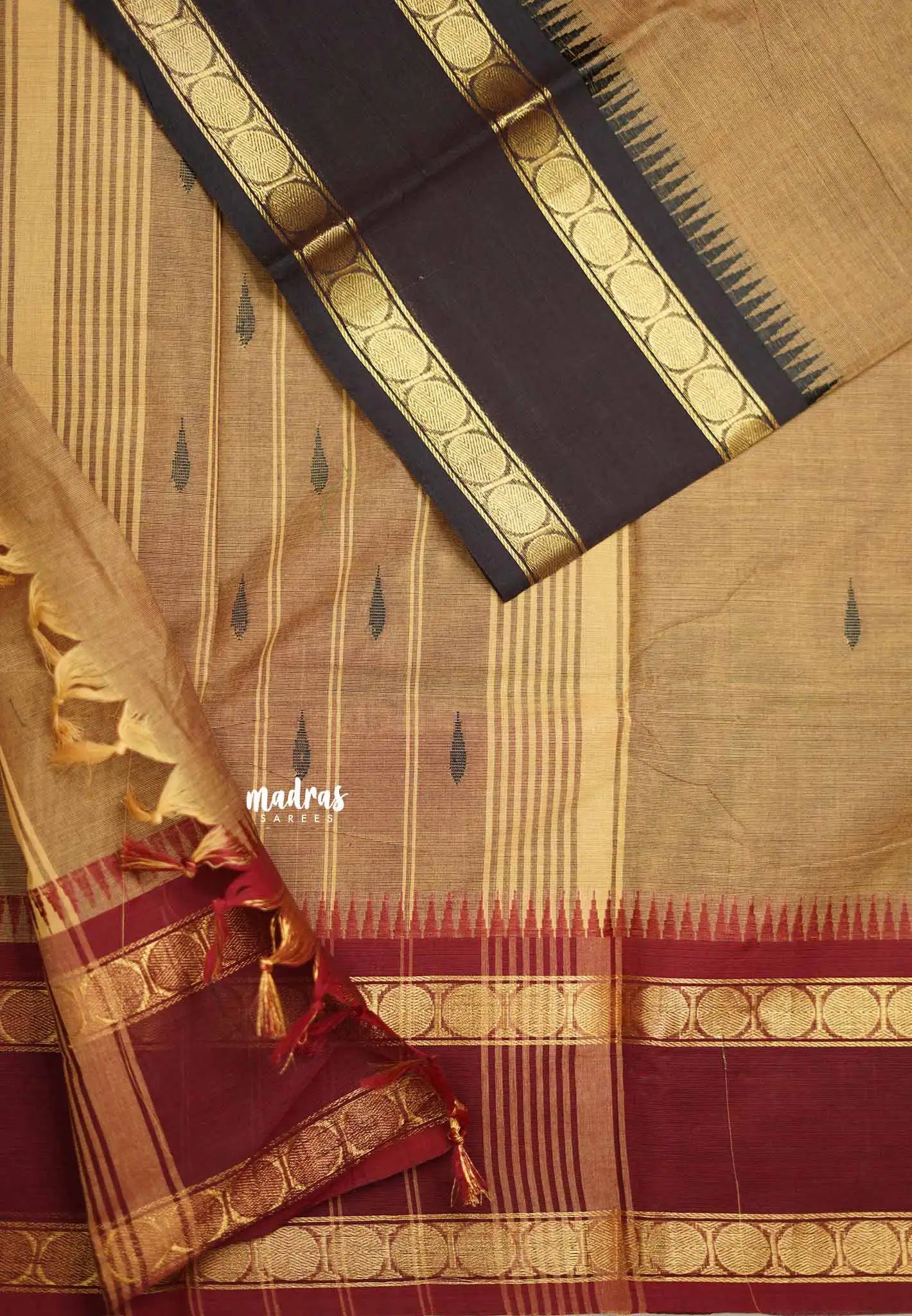 Karthigai silk cotton Big Rudhraksham Ganga Jamuna border  - Wheat brown - Madras Sarees 
