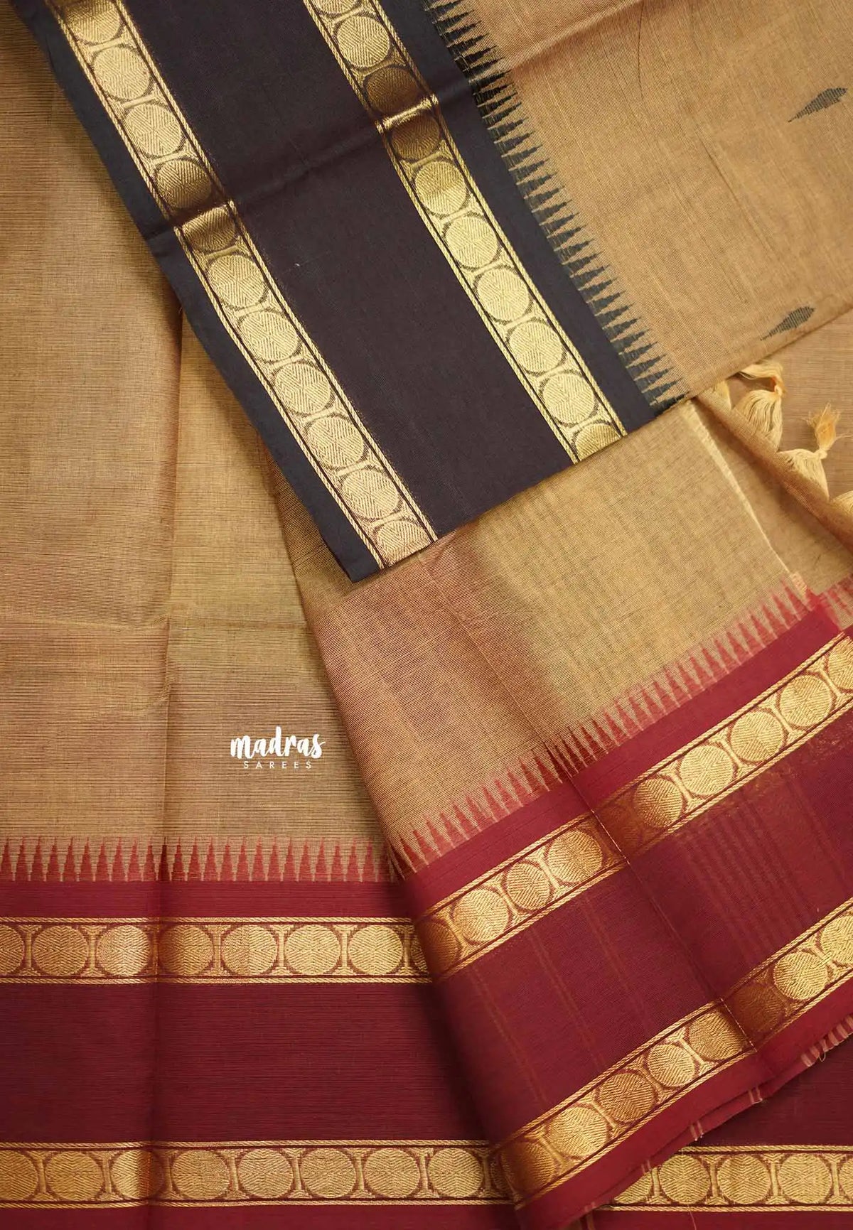 Karthigai silk cotton Big Rudhraksham Ganga Jamuna border  - Wheat brown - Madras Sarees 