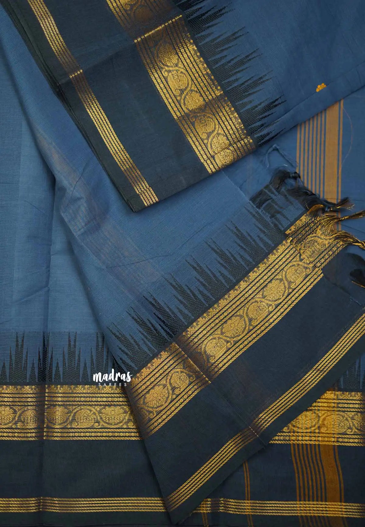 Karthigai silk cotton Big border with temple weaving - Greyish blue