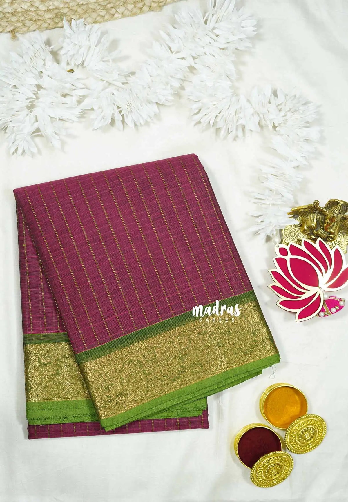 Beetroot Color - Premium Karthigai silk cotton dotted stripes body with rich pallu