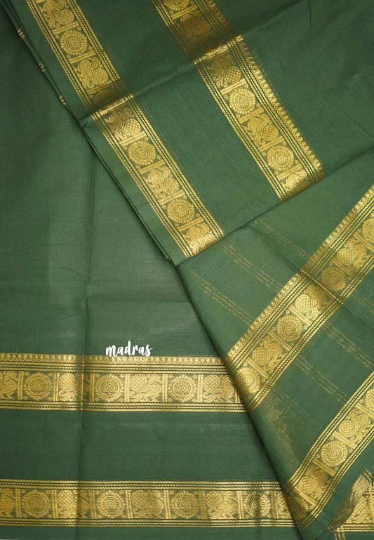 Karthigai silk cotton plain body rettapet border single color - Bottle green