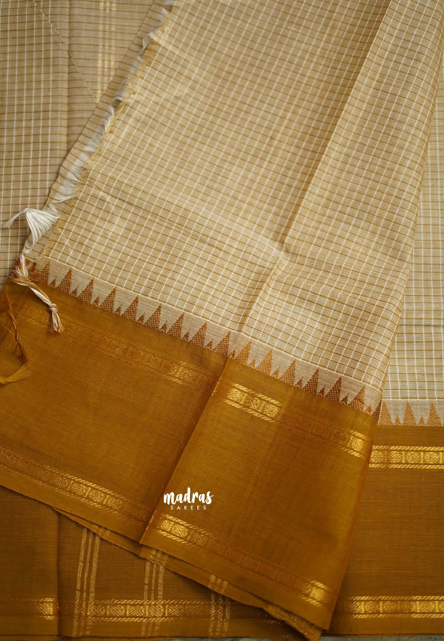 Karthigai silk cotton rettapeta rudraksham border with muthu kattam checks Beige - Madras Sarees 