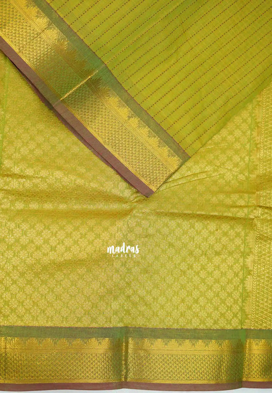 Premium Karthigai silk cotton dotted stripes body with rich pallu - Neon green