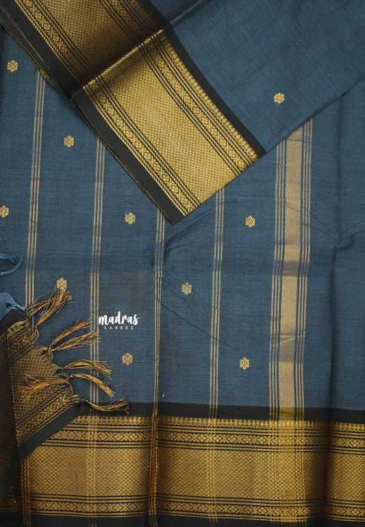 Karthigai silk cotton bavanji border with buttas - Bluish grey - Madras Sarees 