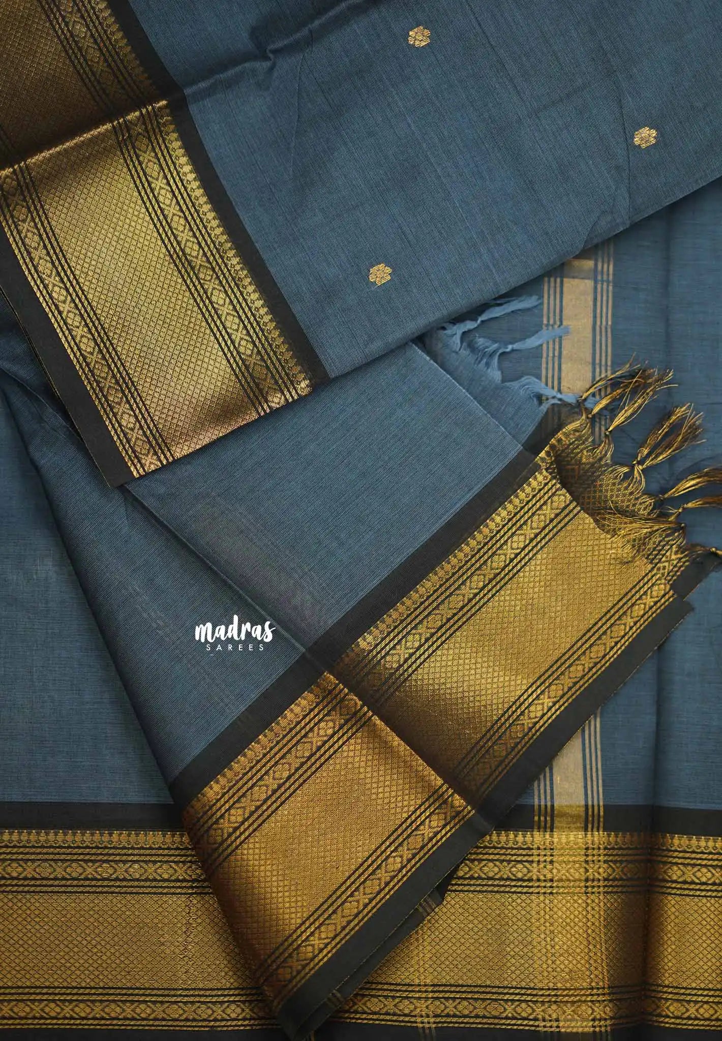Karthigai silk cotton bavanji border with buttas - Bluish grey - Madras Sarees 