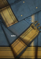 Karthigai silk cotton bavanji border with buttas - Bluish grey - Madras Sarees 