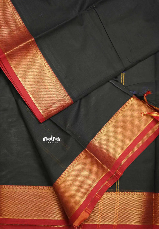 Karthigai silk cotton Plain intregate bavanji border - Black