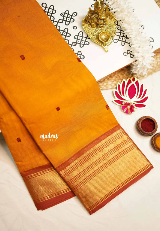 Karthigai silk cotton small rudraksham bavanji border - Mustard orange