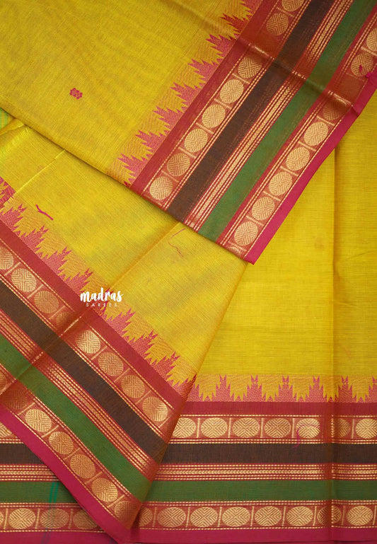 Karthigai silk cotton multicolor rudraksham border - Golden yellow