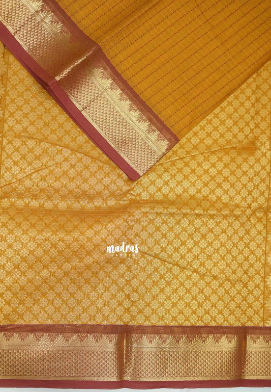 Premium Karthigai silk cotton dotted stripes body with rich pallu - Mustard yellow