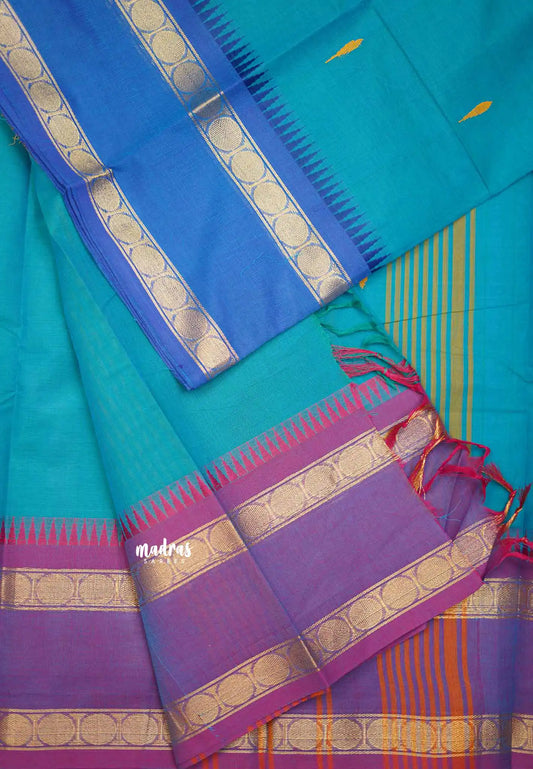Karthigai silk cotton Rudhraksham Ganga Jamuna border - Aqua blue - Madras Sarees 