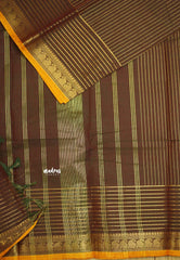 Karthigai silk cotton with golden stripes weaving Coffee Brown