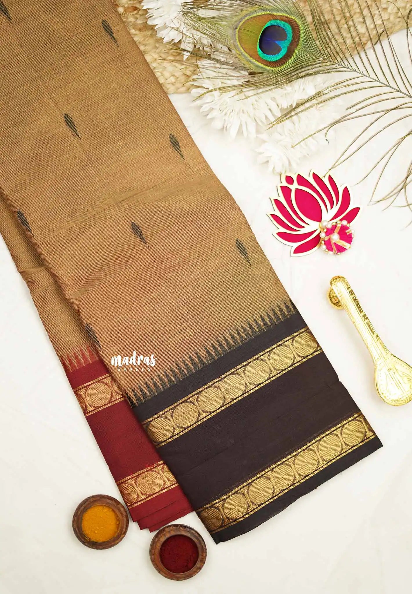 Karthigai silk cotton Big Rudhraksham Ganga Jamuna border  - Wheat brown - Madras Sarees 
