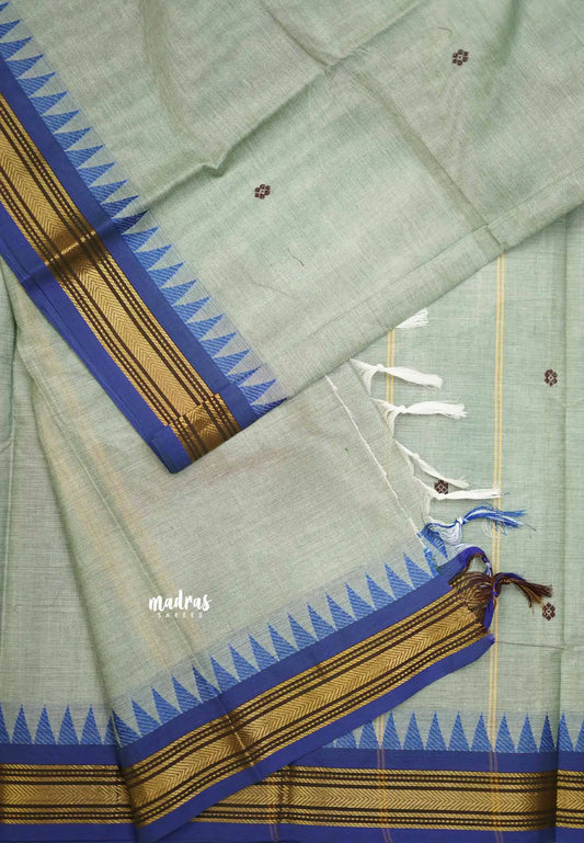 Karthigai silk cotton small border with temple weaving - Dual shade mild greyish blue