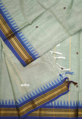 Karthigai silk cotton small border with temple weaving - Dual shade mild greyish blue