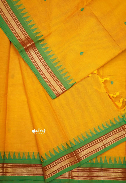 Karthigai silk cotton small border with temple weaving - Mustard Yellow