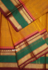 Karthigai silk cotton multi border with temple weaving - dual shade sunset orange