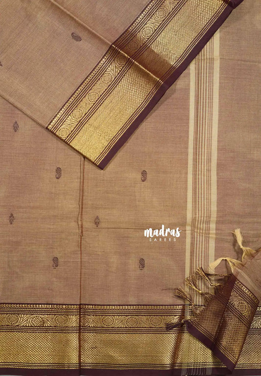Mild brown - Karthigai silk cotton small Bavanji border with buttas
