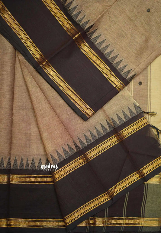 Karthigai silk cotton Rettapet border with temple weaving  - Milk chocolate