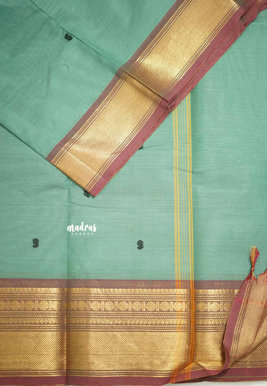 Karthigai silk cotton small rudraksham bavanji border - Pastel teal green